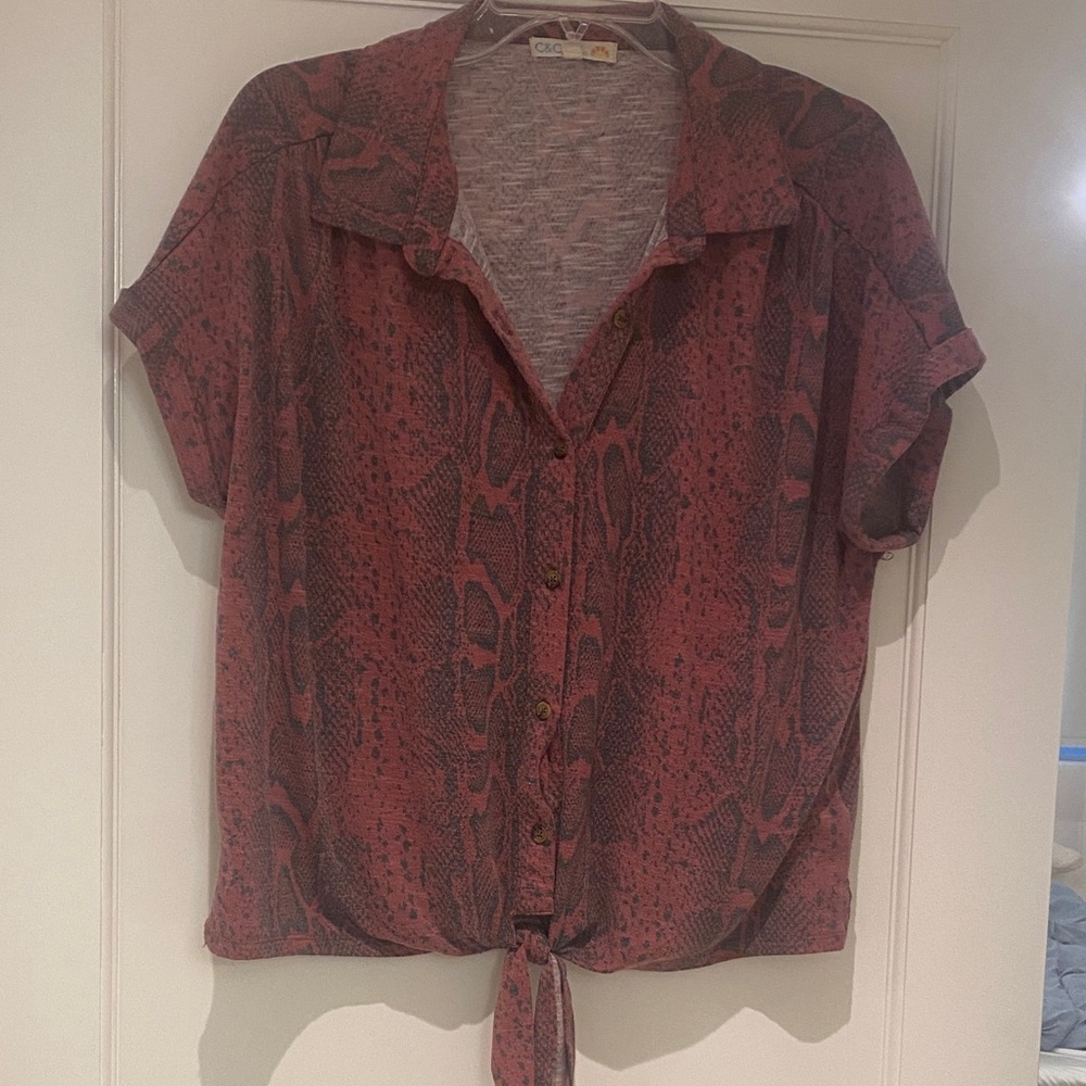 Dark Pink Snake Print Button Down Shirt